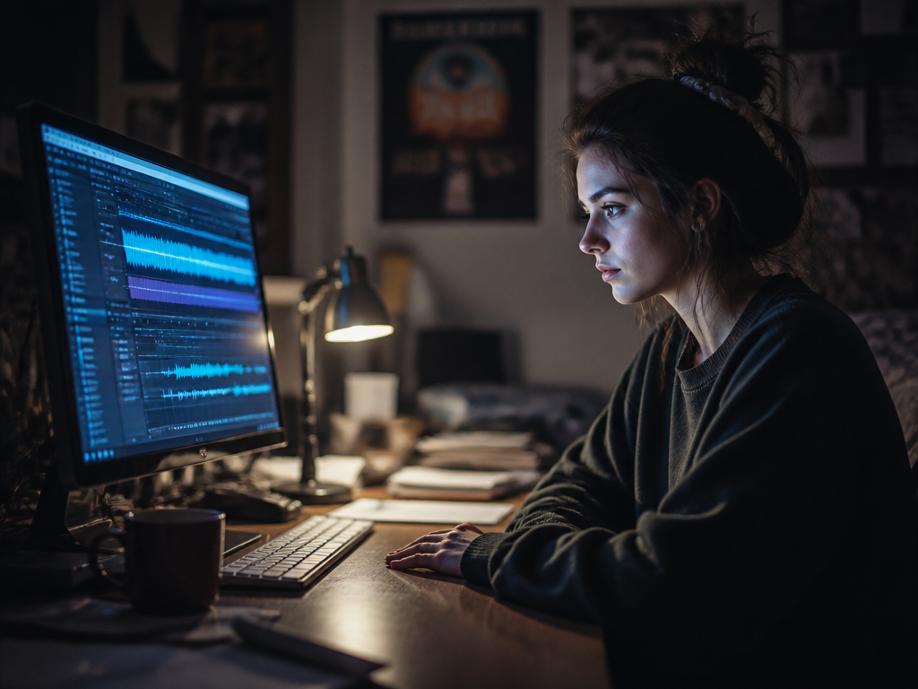 A photorealistic late-night scene of a young female university student seated at a cluttered…