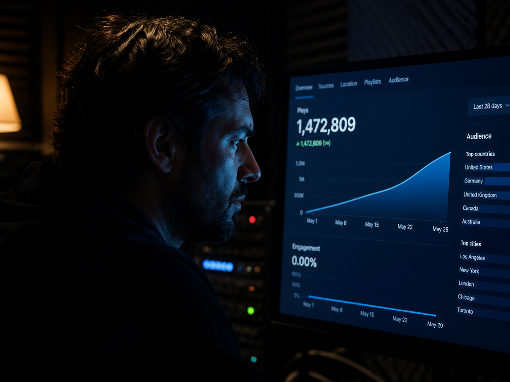 A close-up over-the-shoulder photograph of a music producer seated in a dim home studio…