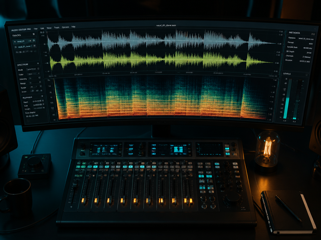 A photorealistic overhead shot of a sleek audio engineering workstation in a darkened studio…