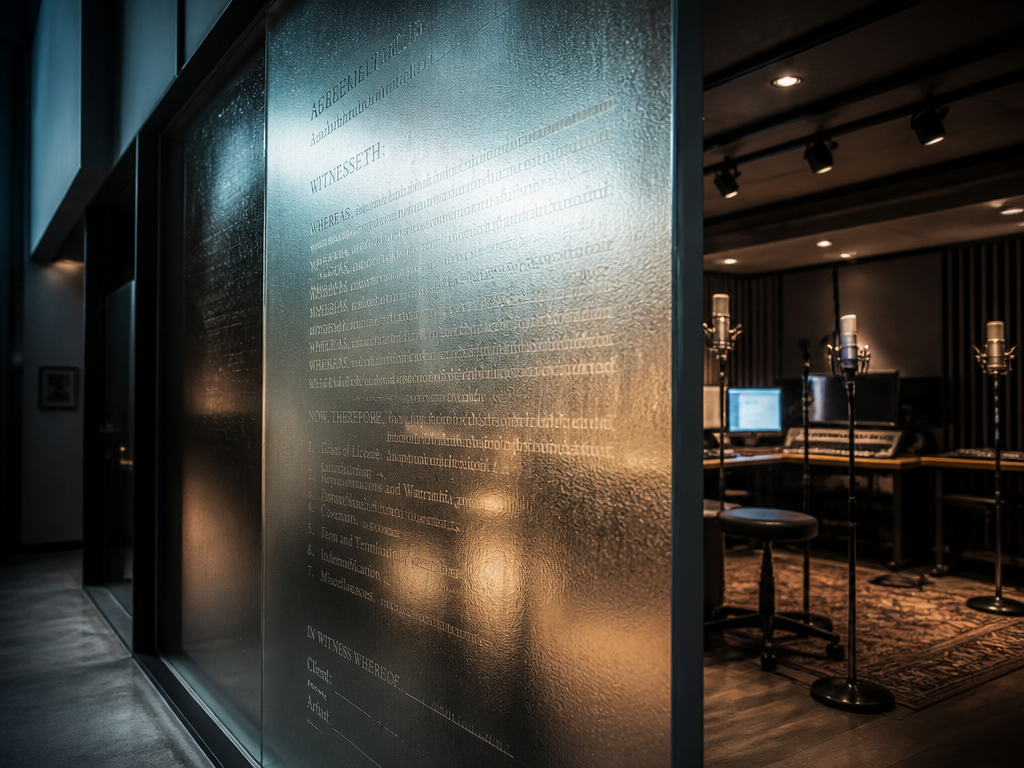 A symbolic photorealistic still life of a physical translucent frosted-glass wall panel standing between…