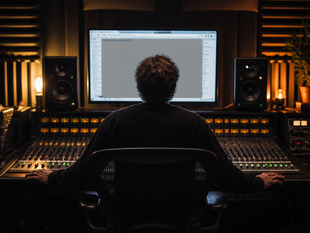 A wide environmental photograph of a music producer seated at a mixing desk in…