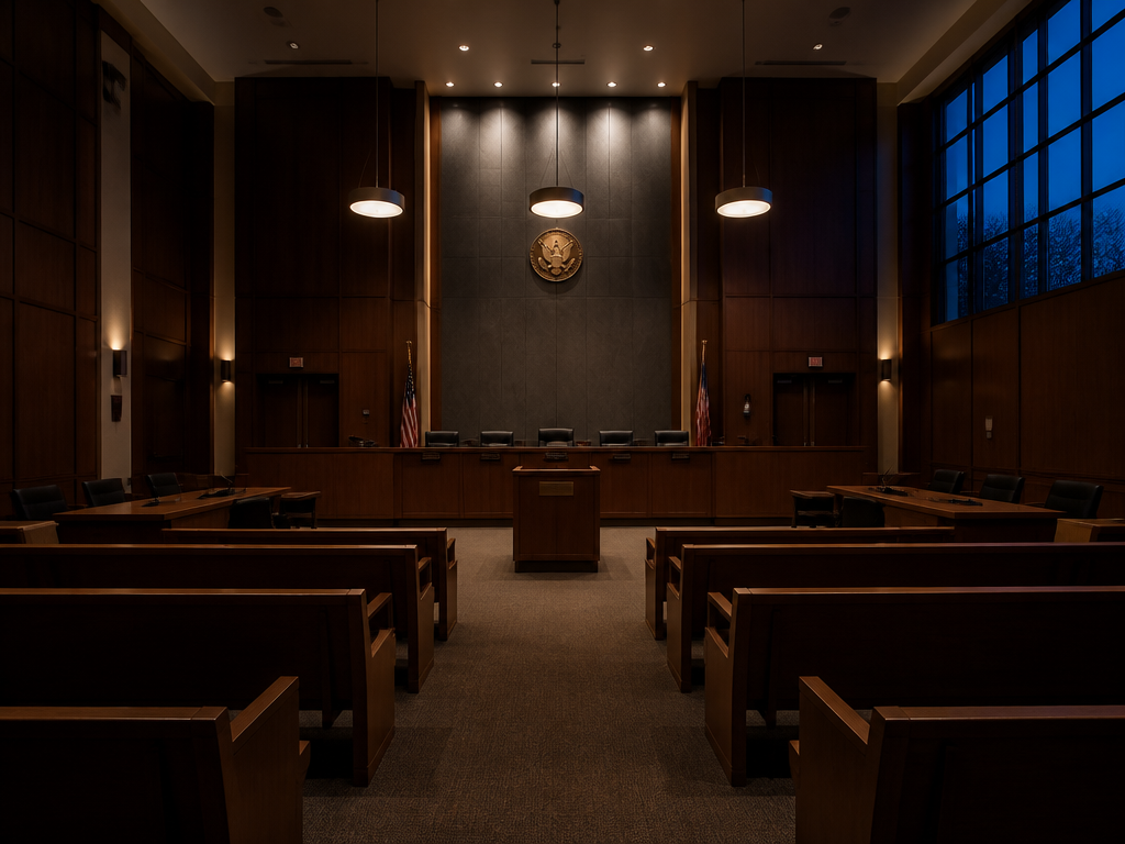 A wide, moody photorealistic photograph of an empty modern courtroom at dusk, rows of…