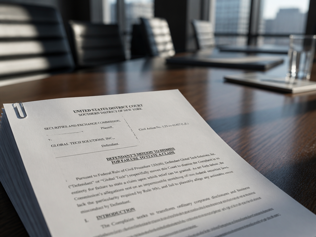 A close-up photorealistic shot of a thick legal motion document resting on a polished…