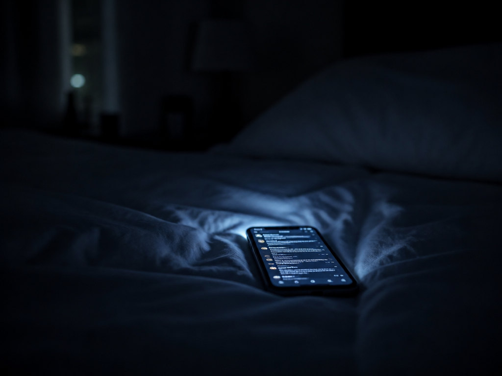 A dimly lit bedroom at 1 a.m., a smartphone glowing face-up on a rumpled…