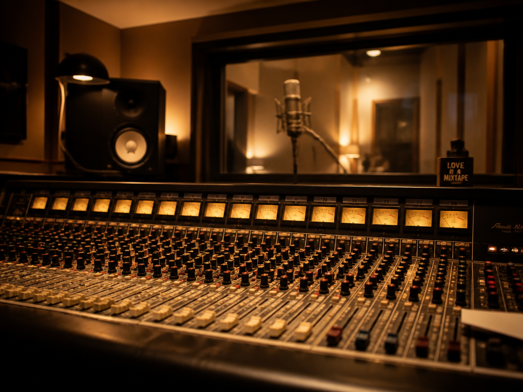 A professional recording studio control room photographed in warm tungsten light, an analog mixing…
