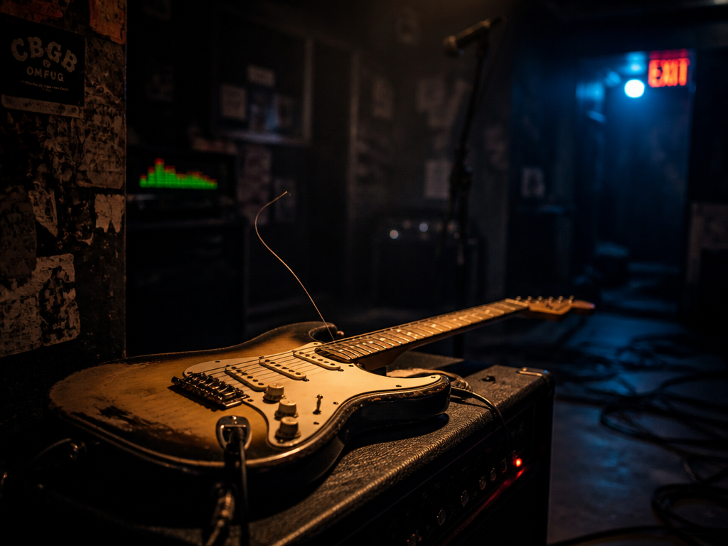 A dimly lit basement music venue captured in moody, atmospheric light, focused on a…