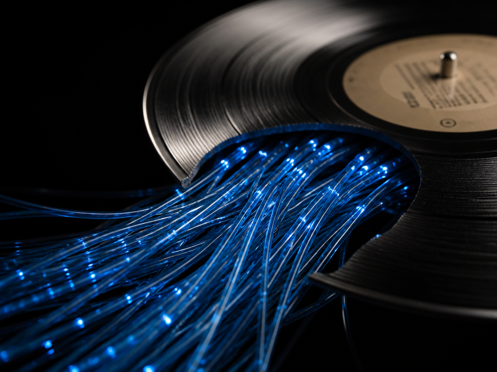 A close-up macro photograph of a tangle of glowing fiber-optic cables flowing out of…