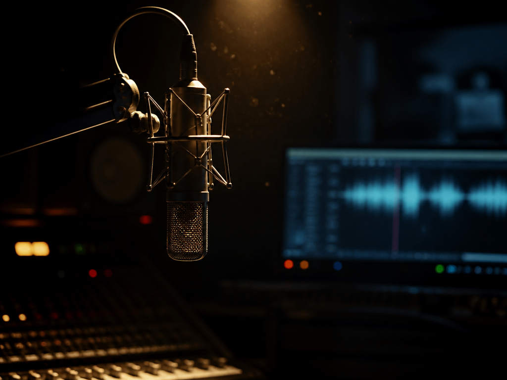 A dimly lit professional recording studio at 11pm, shot on a 35mm lens with…