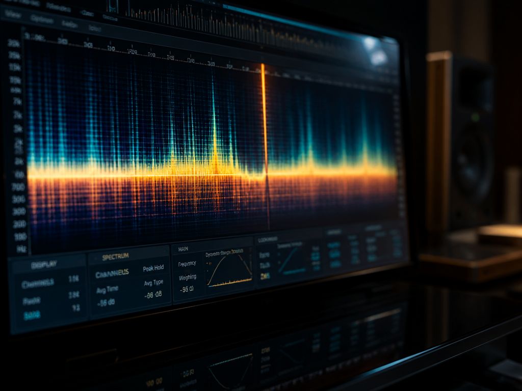 A photorealistic close-up of a colorful audio spectrogram glowing on a high-resolution monitor in…