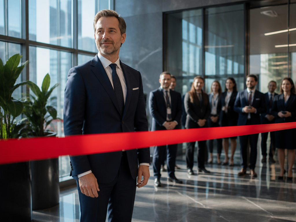 A photorealistic editorial photograph of a sleek modern corporate office ribbon-cutting ceremony in a…