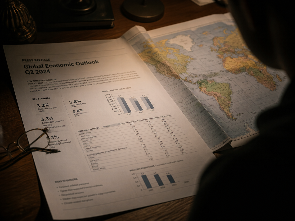 A photorealistic overhead photograph of a large printed press release and a folded world…