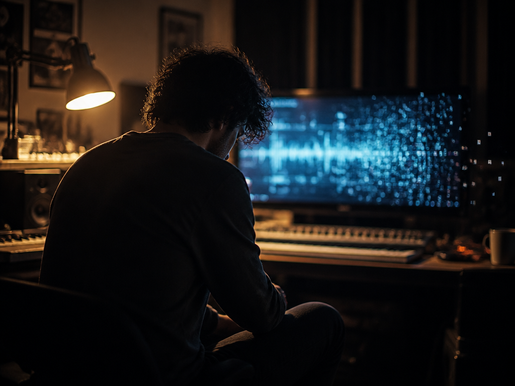 A solitary musician sits alone in a dimly lit home recording studio at 1…