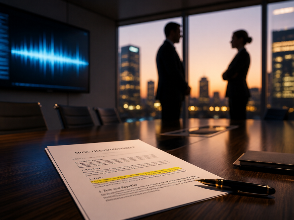 A tense, atmospheric photograph of a sleek modern legal conference room at dusk, shot…
