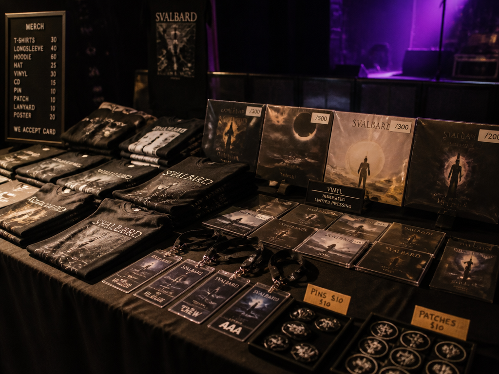 A wide, atmospheric photo of a crowded indoor venue merchandise table at night, stacked…