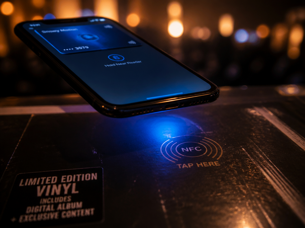 A close-up macro shot of a smartphone hovering a half-inch above a black vinyl…