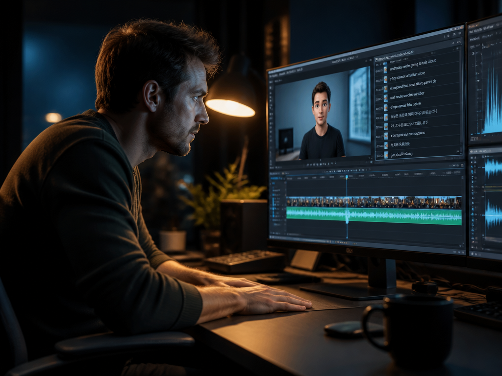 A professional video editor sitting alone in a dimly lit post-production suite late at…