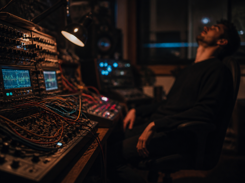 A dimly lit home music studio at night, photographed in moody low-key lighting with…