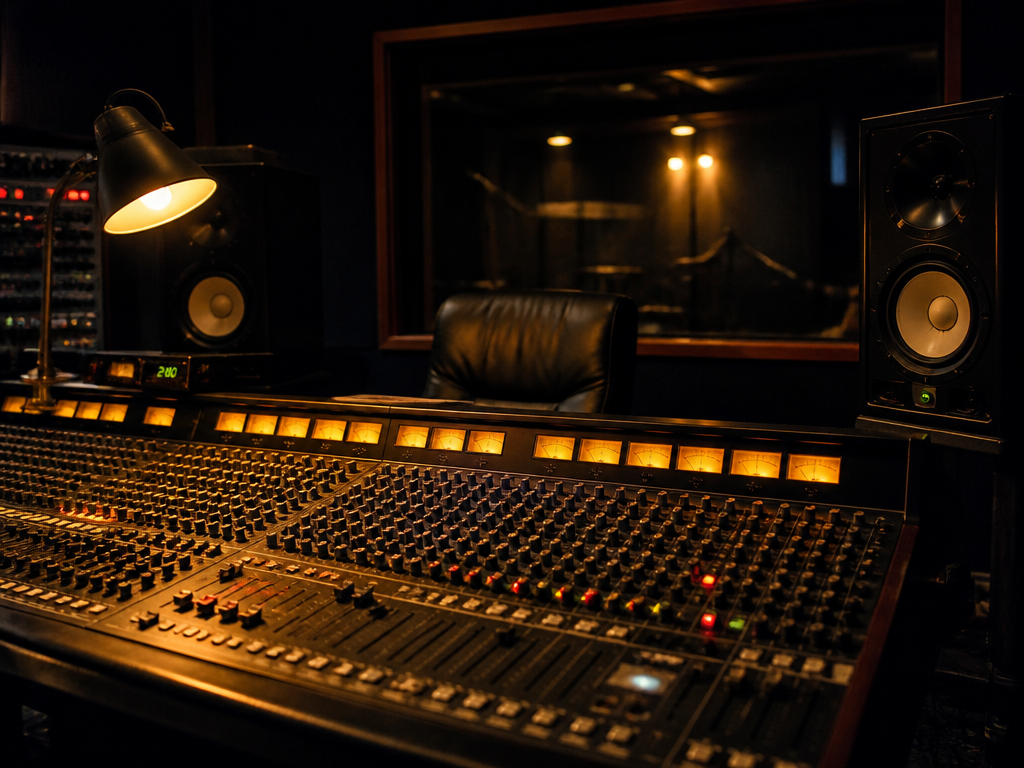 A dimly lit professional recording studio control room at 2 a.m., shot on a…