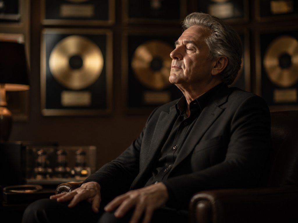 An elegant older music executive in a tailored dark suit seated alone in a…