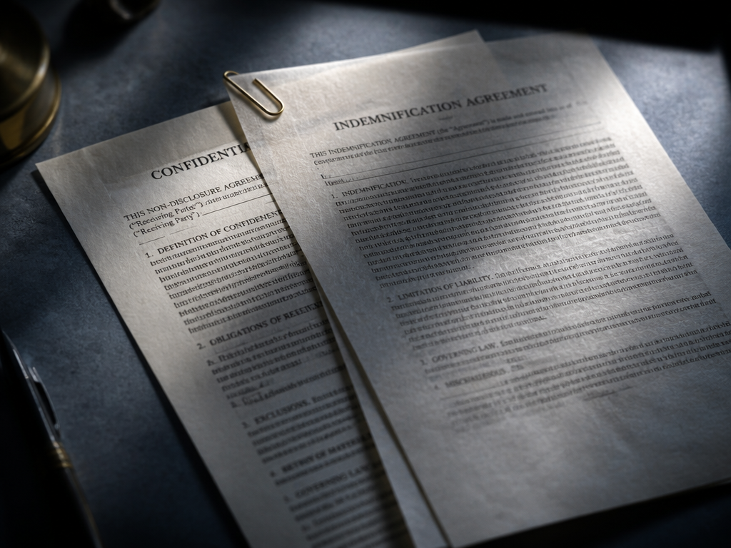 A dramatic overhead flat-lay photograph of two stacked translucent legal documents on a slate-grey…