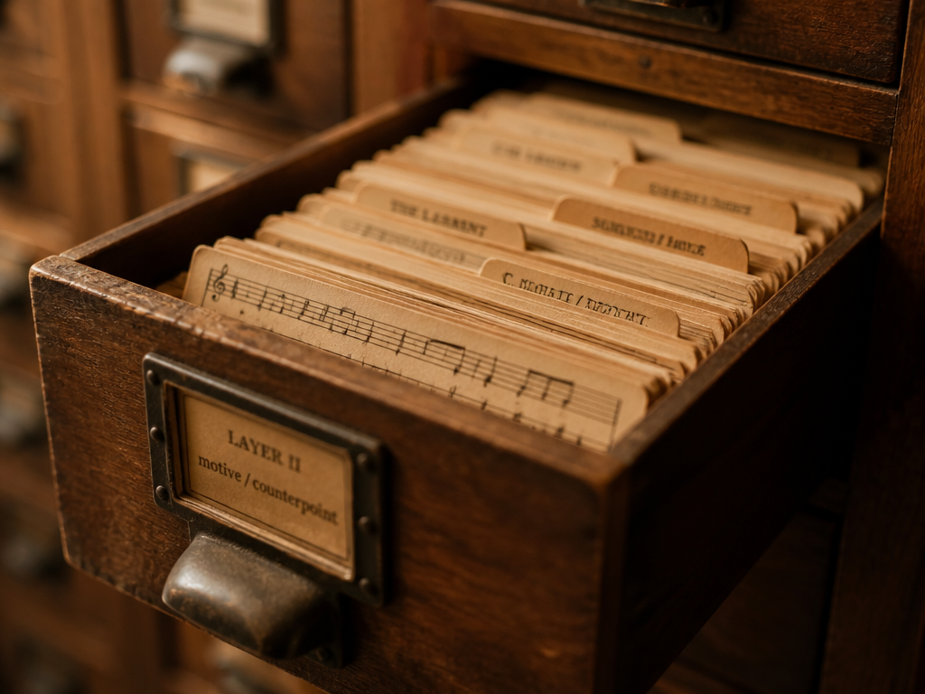 A close-up macro photograph of a vintage card catalog drawer pulled open, revealing neatly…