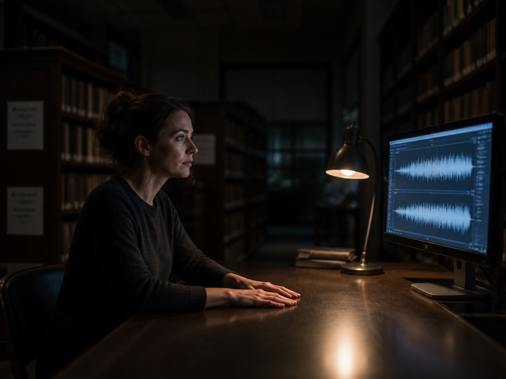 An atmospheric wide shot of a lone woman seated at a minimalist desk inside…