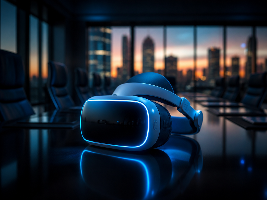 A dramatic close-up of a single illuminated VR headset resting on a sleek black…