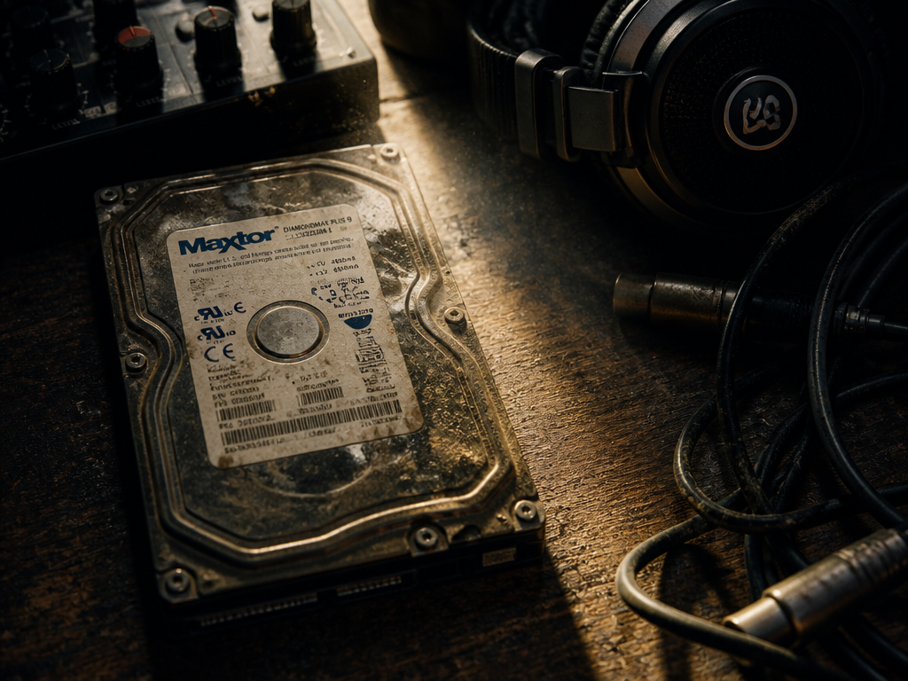 An overhead close-up of a vintage hard drive resting on a worn wooden table…