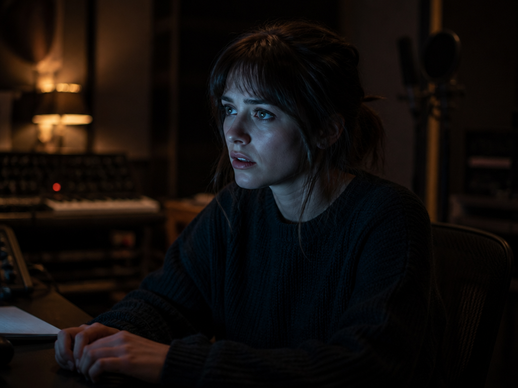 A solitary female musician seated in a dimly lit home studio at night, illuminated…