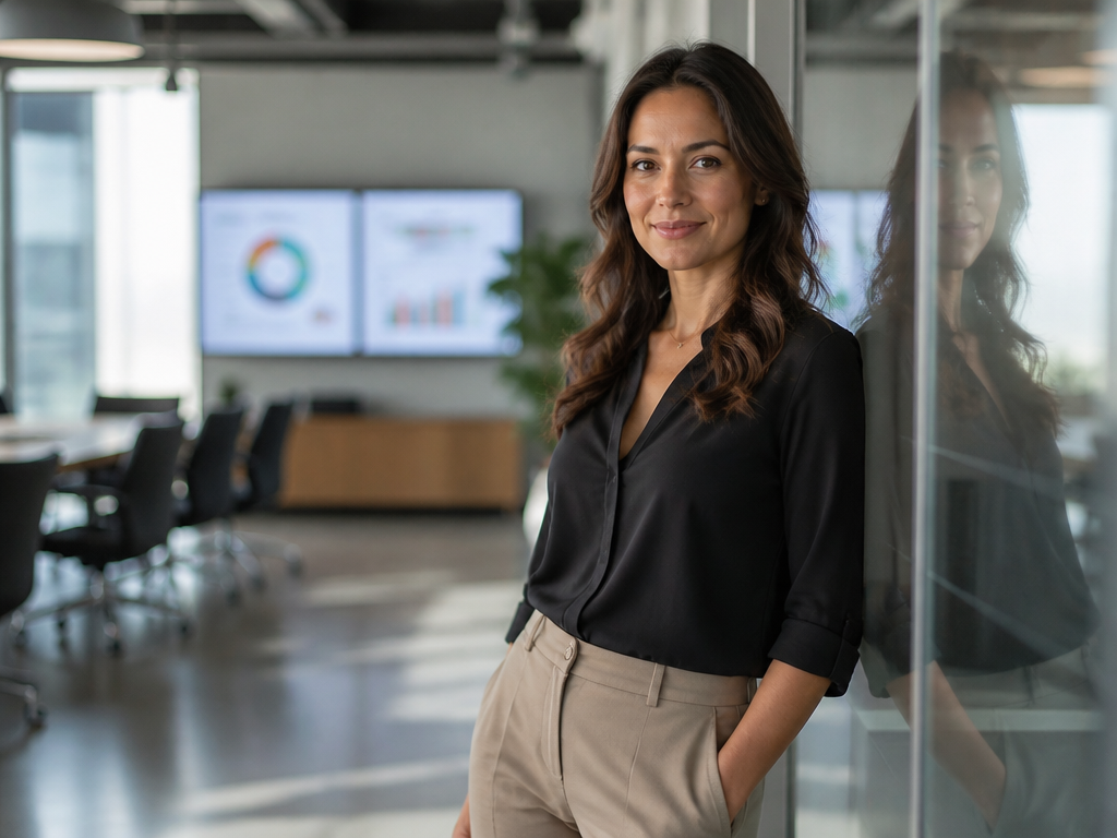 A confident marketing professional standing in a bright contemporary office, leaning thoughtfully against a…