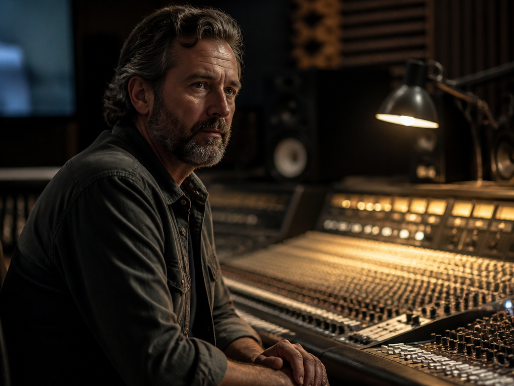 A close-up studio shot of a professional audio engineer seated at a mixing console…