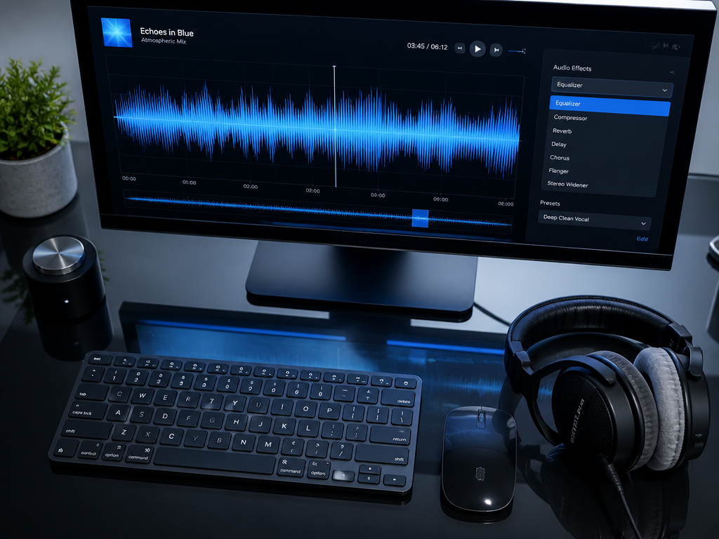 A sleek minimalist desk scene photographed from above, featuring a glowing computer screen displaying…