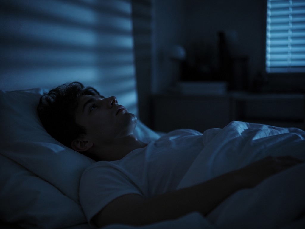 A dimly lit bedroom at 1 a.m., a person lying awake on their back…