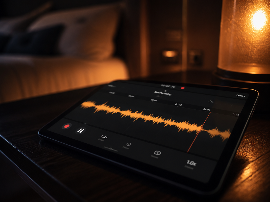 Close-up macro photograph of a modern audio interface and waveform glowing on a sleek…