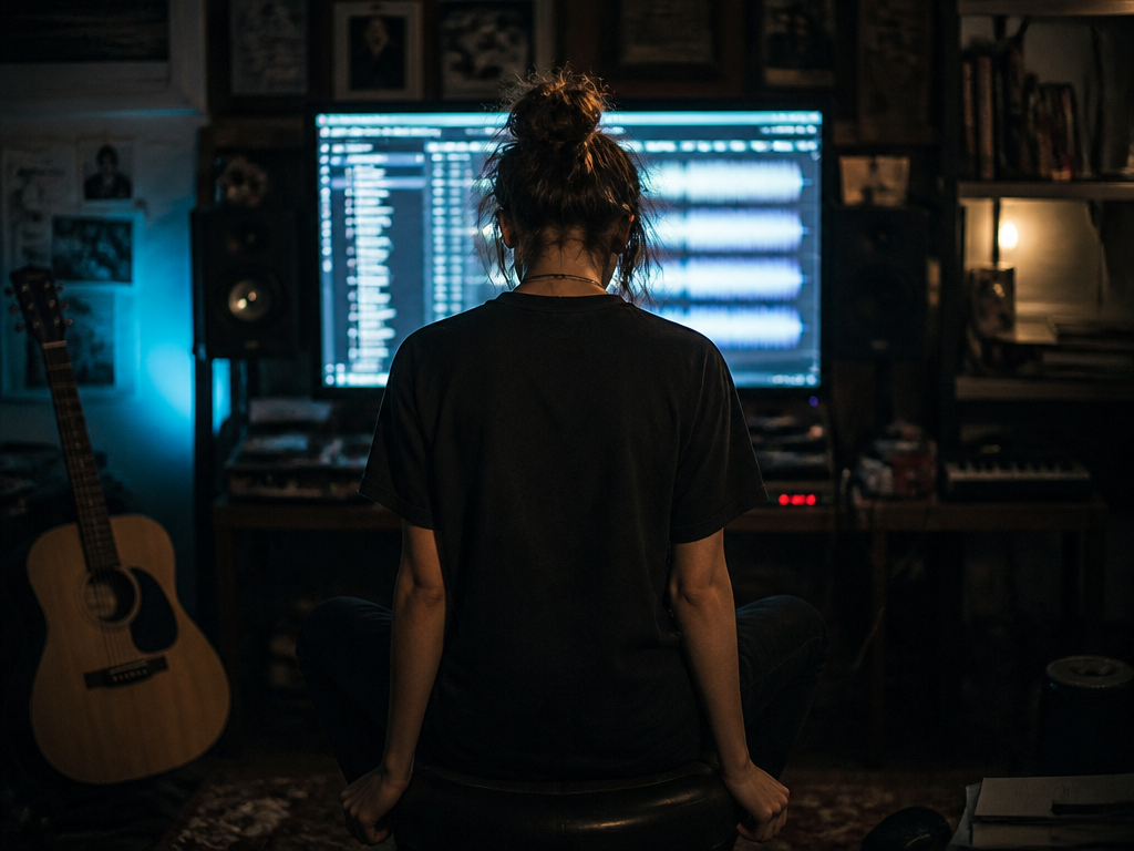 A dimly lit home studio at night, photographed in moody chiaroscuro lighting, where a…