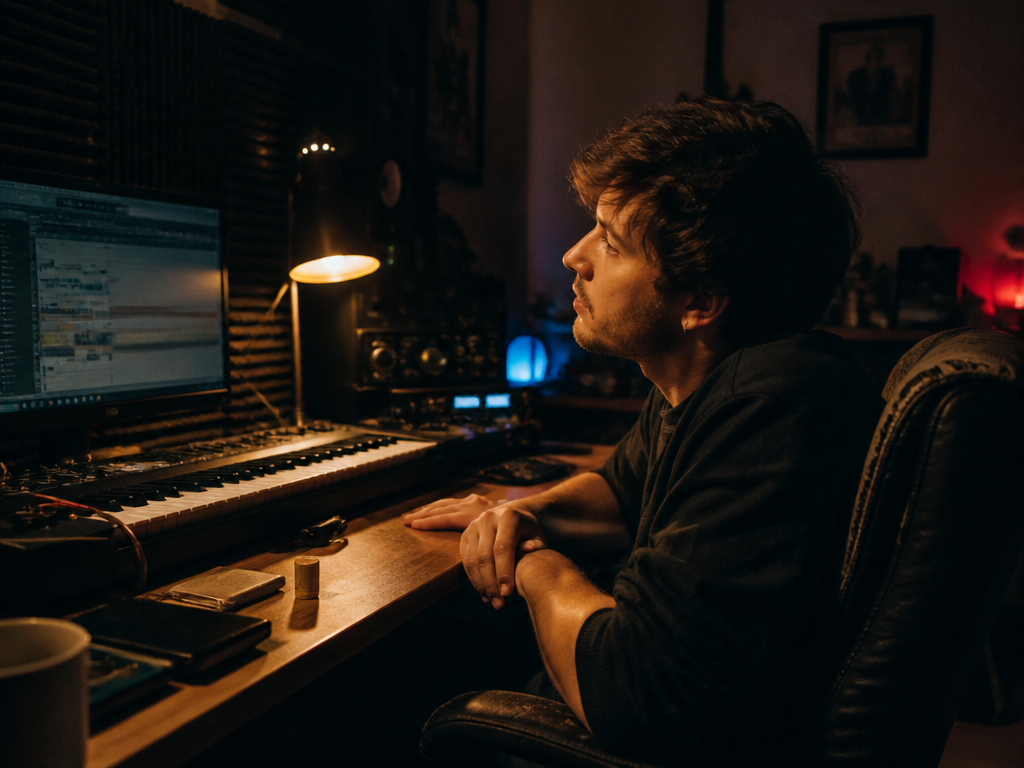 A dimly lit home recording studio at night, shot at eye level with a…
