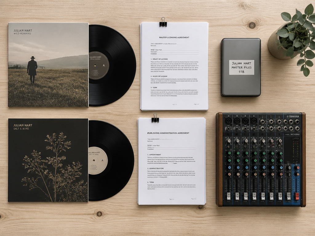 A clean, minimalist flat-lay photograph viewed directly from above on a pale wooden table…