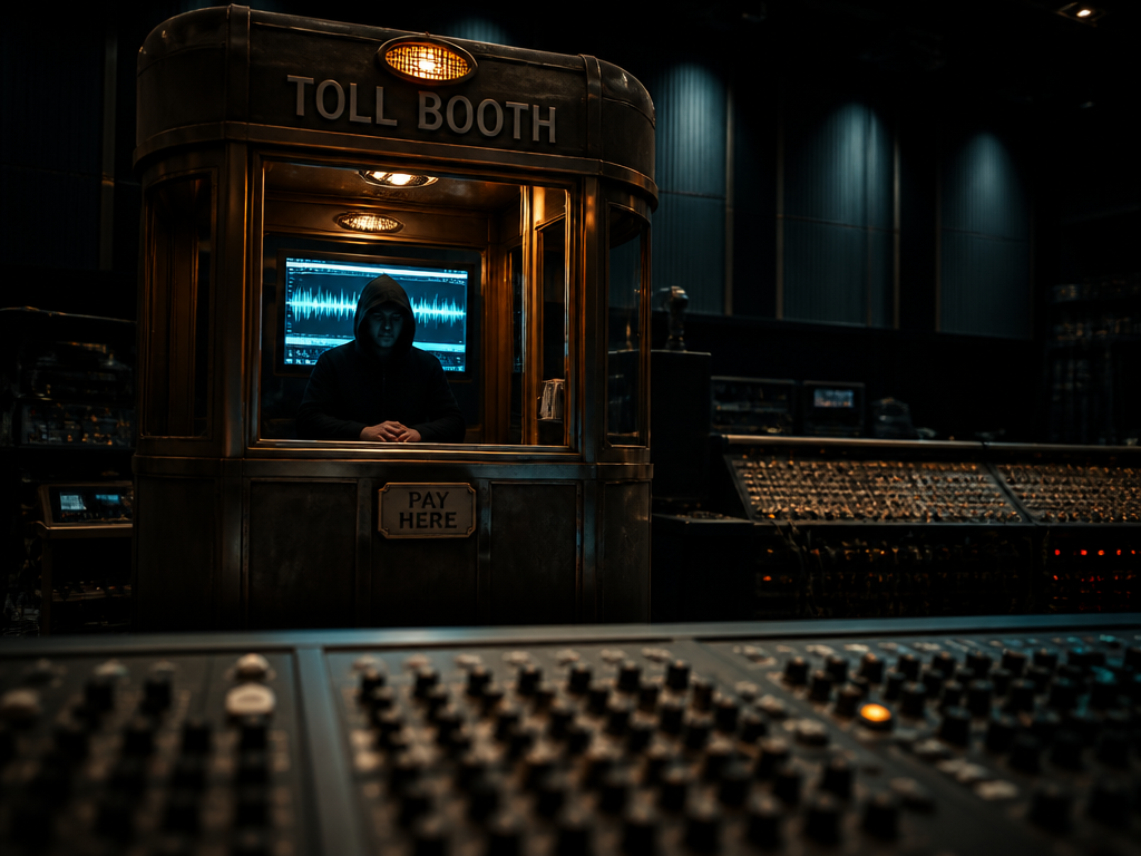 A dramatic low-angle photograph of an old-fashioned brass and steel toll booth standing alone…