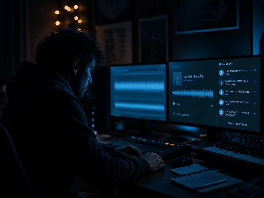 A music producer alone in a dimly lit home studio at night, illuminated only…