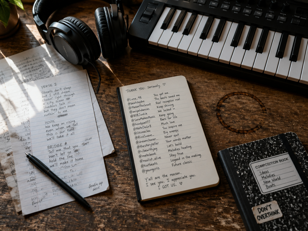 An overhead flat-lay photograph of a worn wooden desk representing a producer's creative process…