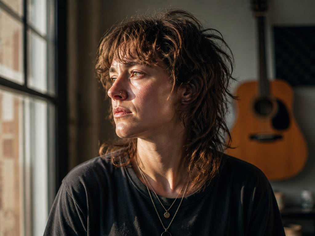 A close-up portrait of a young independent musician standing by a large window in…