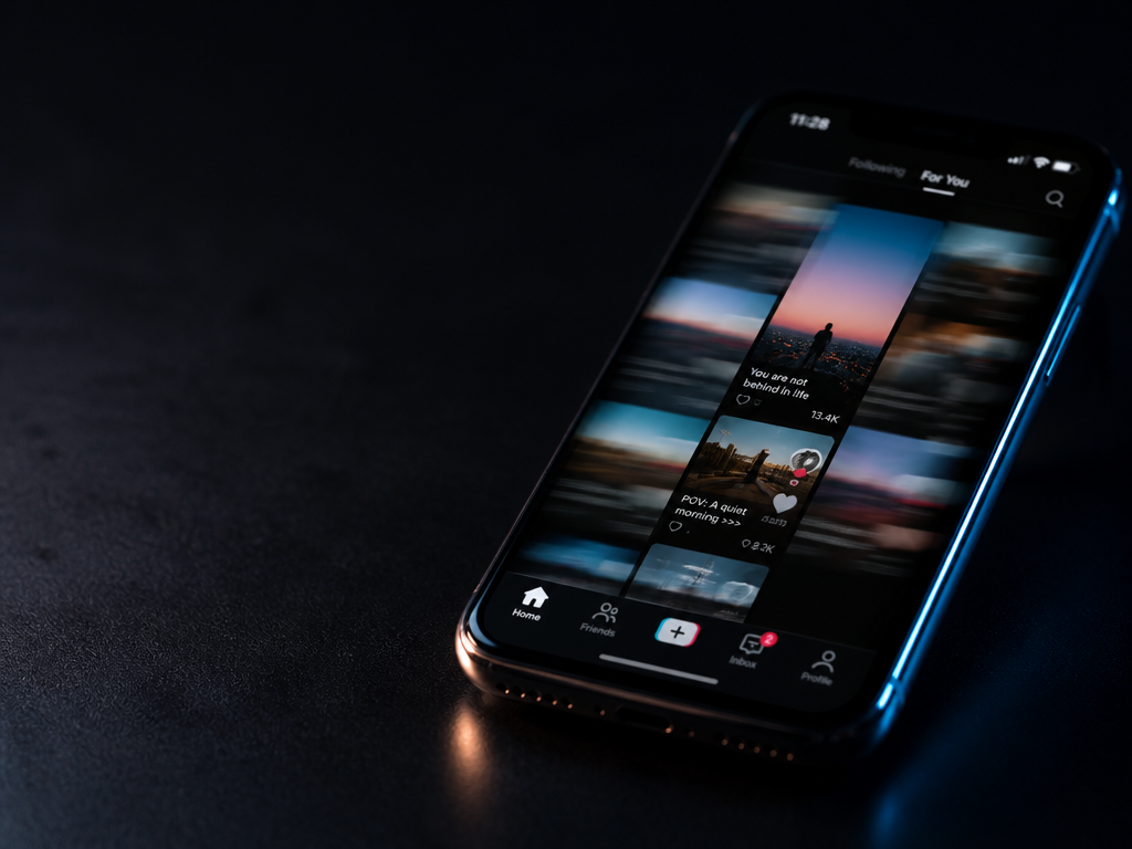 A moody, atmospheric close-up photograph of a smartphone resting face-up on a dark matte…