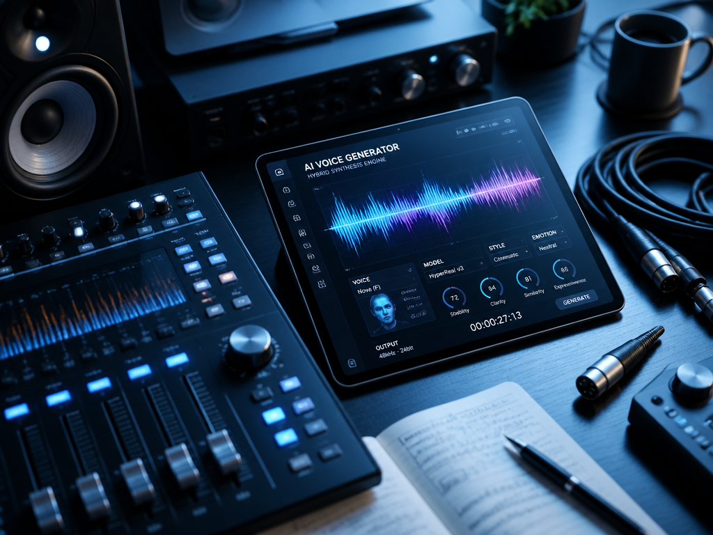 An overhead flat-lay of a modern audio engineer's desk, photographed in cool blue ambient…