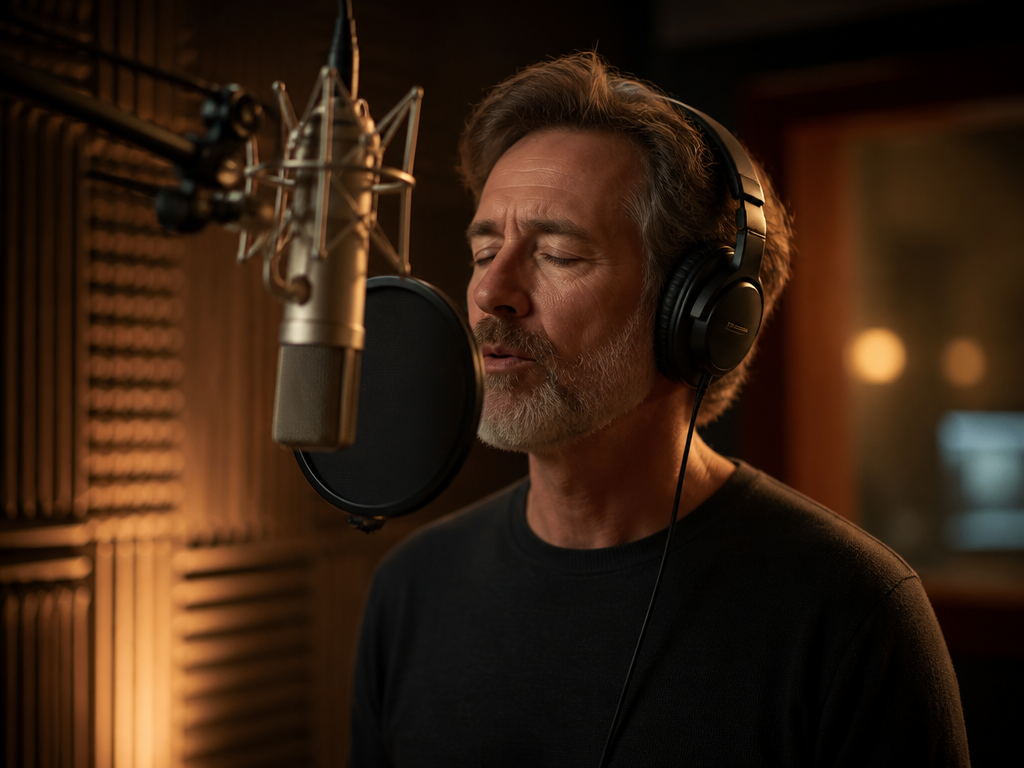 A professional voice narrator standing in a softly lit recording studio, eyes closed in…