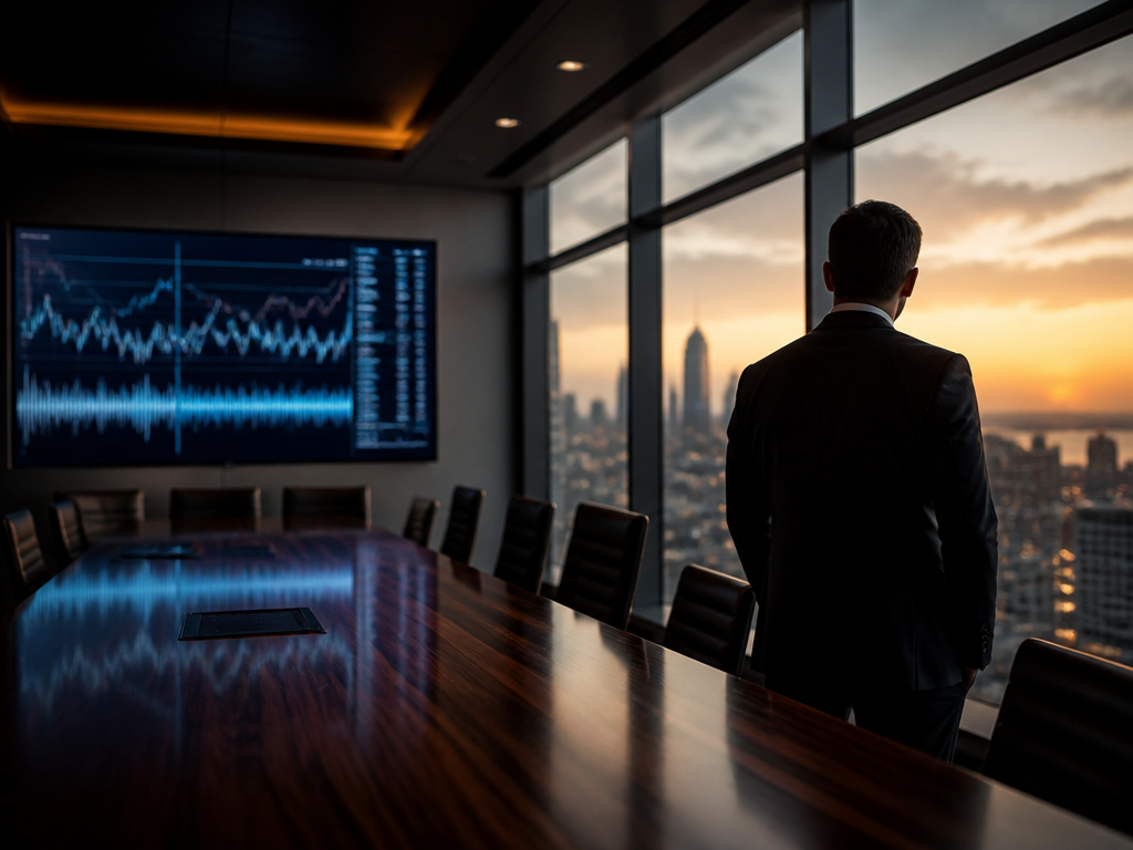 A wide-angle photorealistic photograph taken inside a dimly lit modern boardroom at dusk, where…