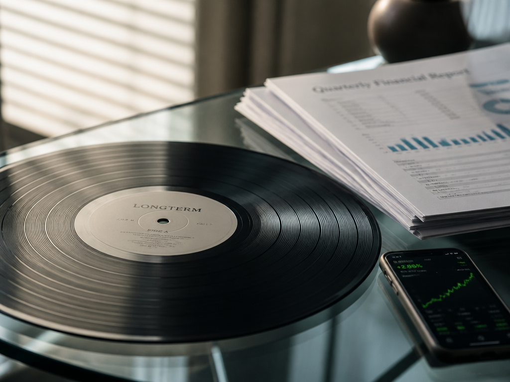 A conceptual still-life of a vinyl record resting on a glass table beside a…