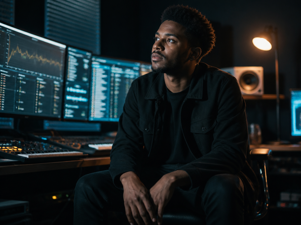 A wide editorial photograph of a contemplative young music producer seated in a dark…