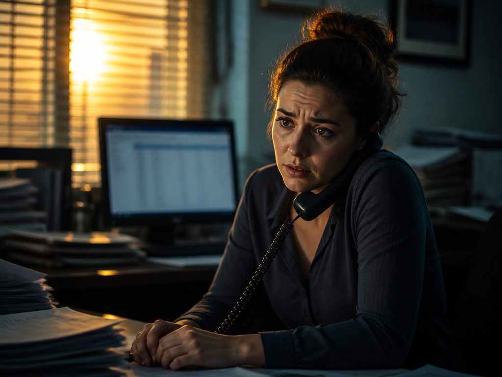 A tense, cinematic photograph of a small-business accounts payable employee at her desk in…