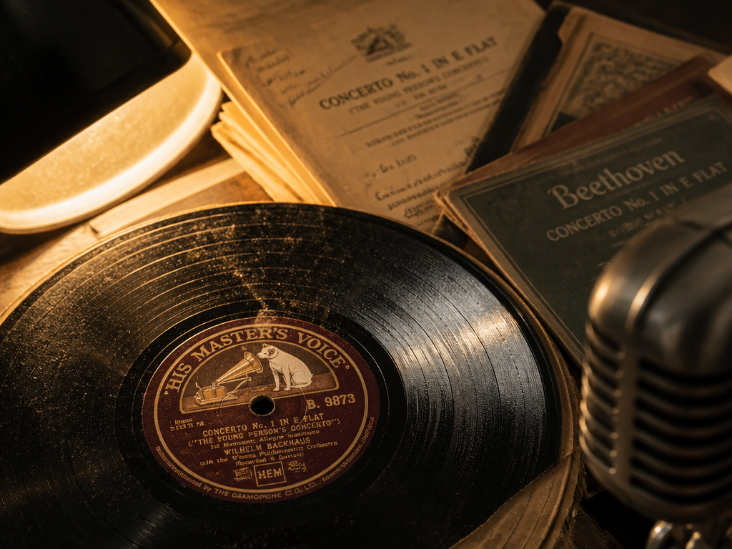 A close-up overhead flat-lay photograph of an old vinyl record collection and stacked sheet…