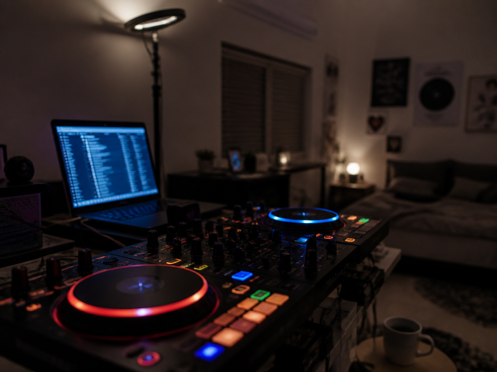 A photorealistic shot of a home DJ setup in a dimly lit spare bedroom…